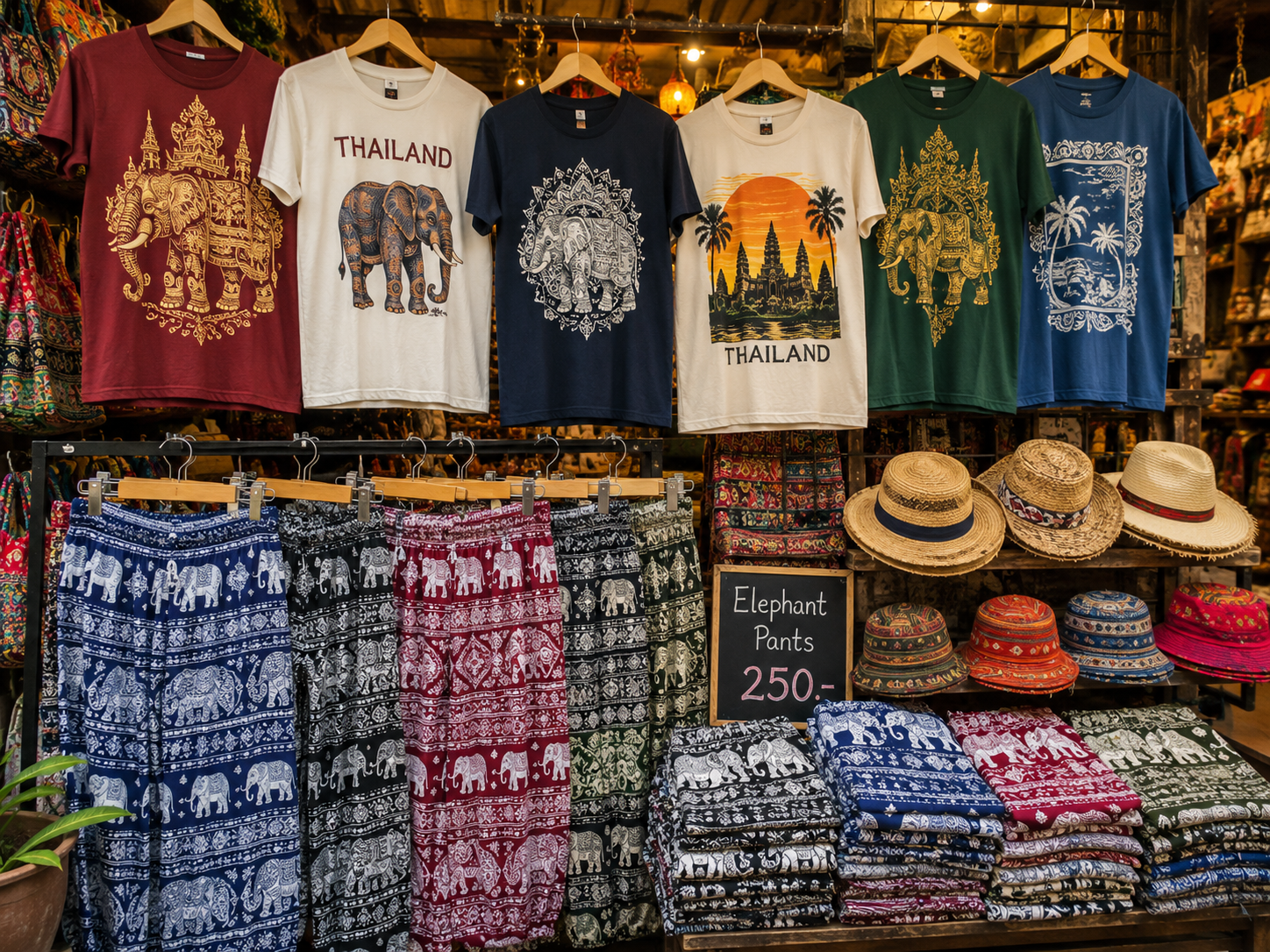 เสื้อยืดสกรีนลายประจำถิ่น กางเกงช้าง และหมวก 